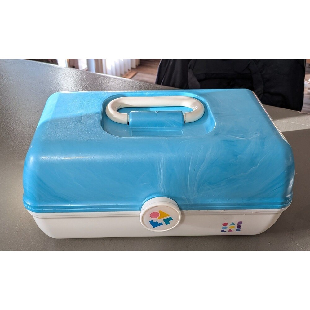 1990 Caboodles On-The-Go Girl Blue White Swirl Makeup Case